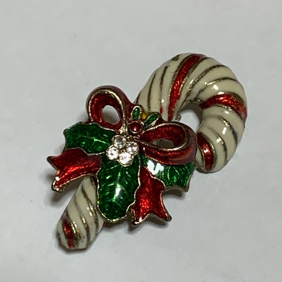 Vintage Jewelry - Christmas Vintage Enameled gold tone Candy Cane Pin Brooch